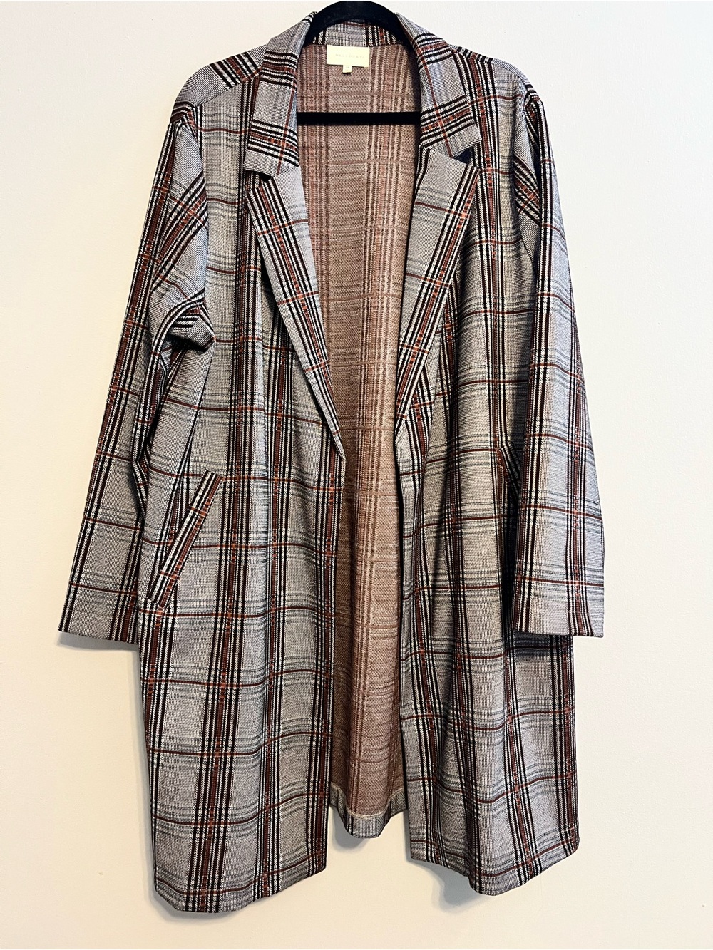 MELLODAY Plaid Open-Front Trench Coat in Gray and Brown Plaid | Women’s 2X